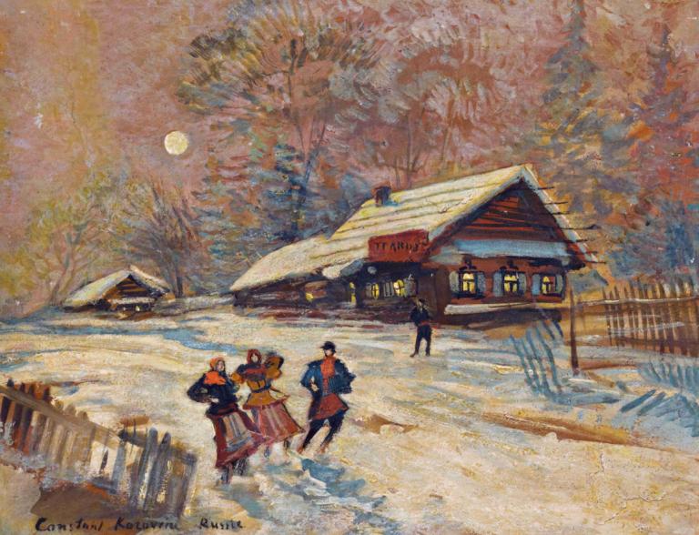 Merrymakers Outside The Tavern,Konstantin Alexeevich Korovin,Oil Painting,Oil Painting, multiple boys, tree