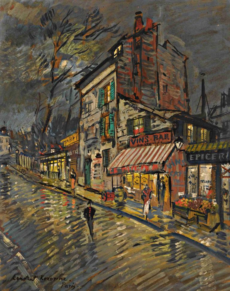 Paris By Night,Konstantin Alexeevich Korovin,Oil Painting,Oil Painting, 1girl, tree, outdoors, scenery, road