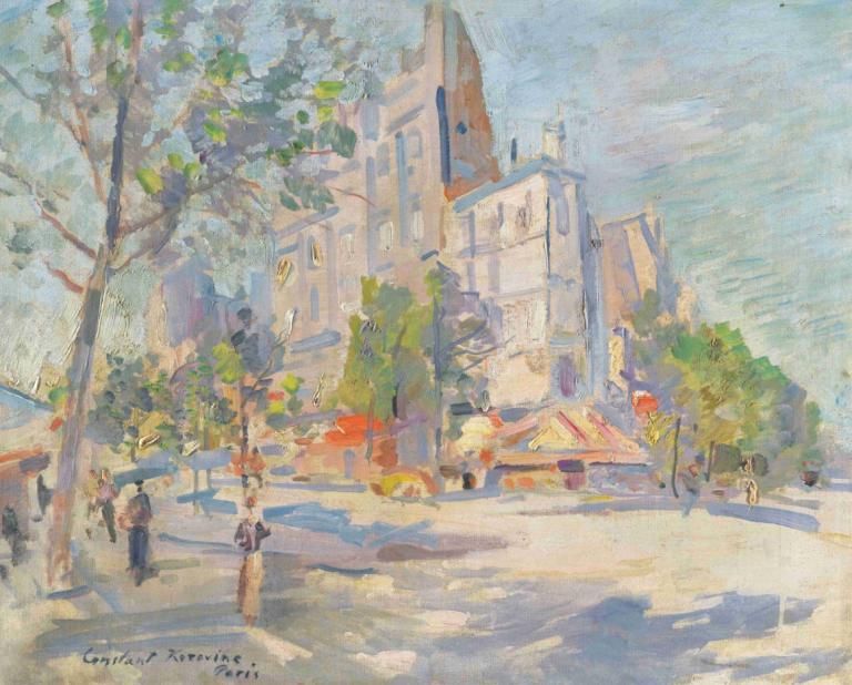 Paris In Spring,春天的巴黎,Konstantin Alexeevich Korovin,康斯坦丁-阿列克谢耶维奇-柯罗文,油画,油画, 树, 户外, 传统媒体, 路, 绘画（中）, 地面车辆, 街道