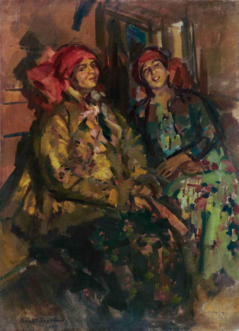 Two Girls In Peasant Costumes,Två flickor i bondedräkter,Konstantin Alexeevich Korovin