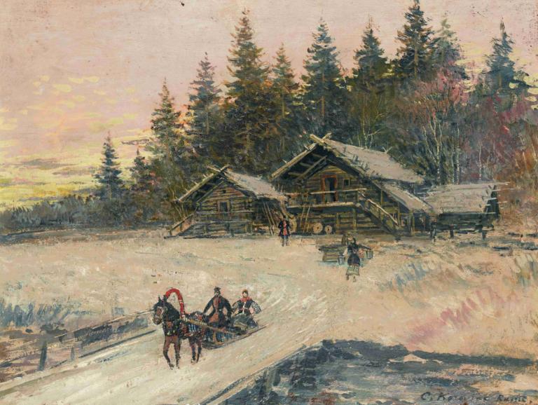 Winter Scene With Troika,Vinterscene med troika,Konstantin Alexeevich Korovin,Oljemaleri,Oljemaleri, tre