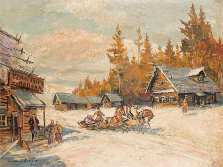 Winter Sleigh Ride,冬季雪橇之旅,Konstantin Alexeevich Korovin,康斯坦丁-阿列克谢耶维奇-柯罗文,油画,油画, 树, 户外, 风景, 传统媒体, 多个男孩, 房子