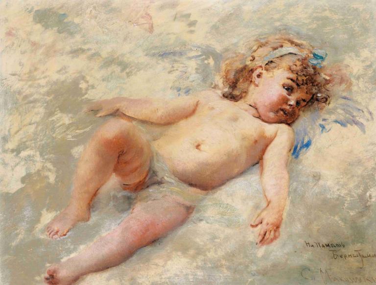 Cherub,Konstantin Egorovich Makovsky,Yağlı boya,Yağlı boya, 1kız, solo, loli, meme uçları