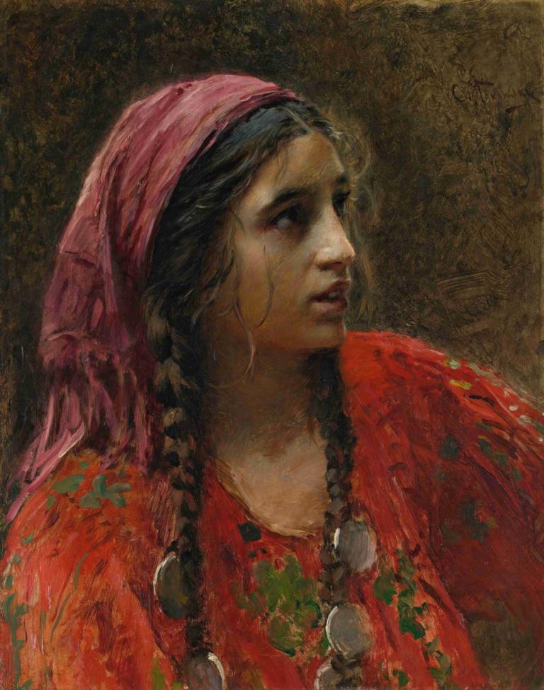 Gypsy,Konstantin Egorovich Makovsky,Oil Painting,Oil Painting, 1girl, solo, black hair, braid, head scarf