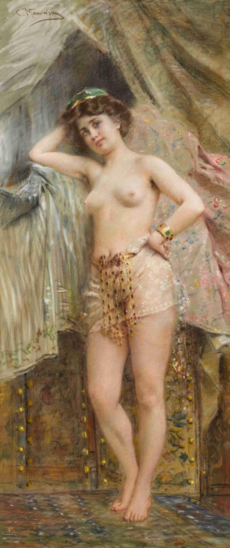 Odalisque,オダリスク,Konstantin Egorovich Makovsky,コンスタンチン・エゴロヴィッチ・マコフスキー,油絵,油絵, 1女の子, ソロ, 乳首, 美術パロディ, 裸足, 茶髪, 胸