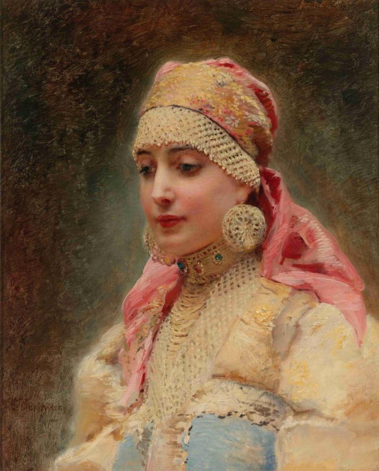 Portrait Of A Boyarina,Konstantin Egorovich Makovsky,Oil Painting,Oil Painting, 1girl, solo, jewelry