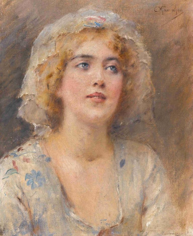 Portrait Of A Girl,少女の肖像,Konstantin Egorovich Makovsky,コンスタンチン・エゴロヴィッチ・マコフスキー,油絵,油絵, 1女の子, ソロ, 現実的な, ブロンドの髪