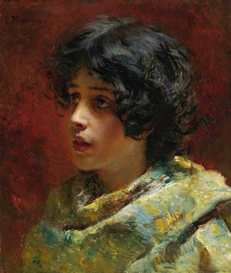 Portrait Of A Young Girl,Konstantin Egorovich Makovsky,Oil Painting,Oil Painting, solo, black hair, 1girl