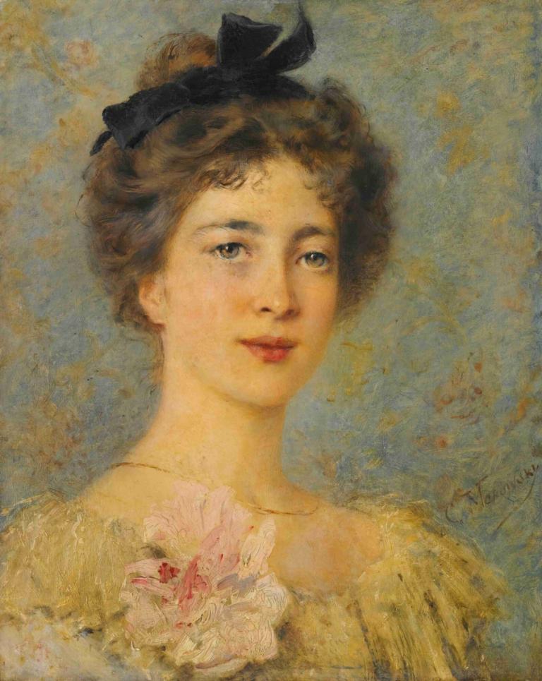 Portrait Of An Elegant Lady,Konstantin Egorovich Makovsky,Oil Painting,Oil Painting, 1girl, solo, brown hair