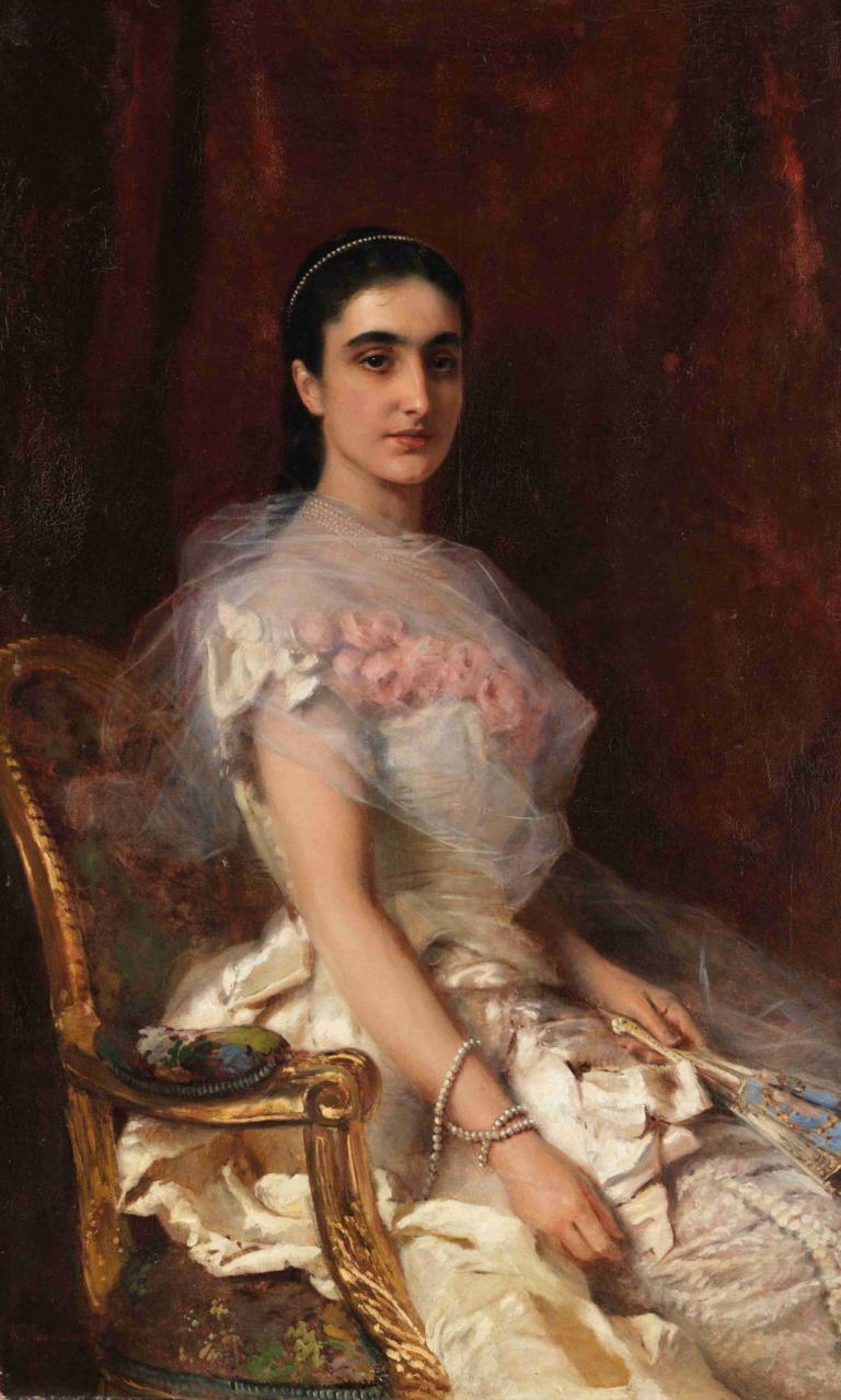 Portrait of an Elegant Lady with a Fan,Portrét elegantní dámy s ventilátorem,Konstantin Egorovich Makovsky