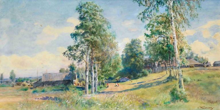 Russian Village In Spring,Konstantin Egorovich Makovsky,Oil Painting,Oil Painting, outdoors, scenery, tree