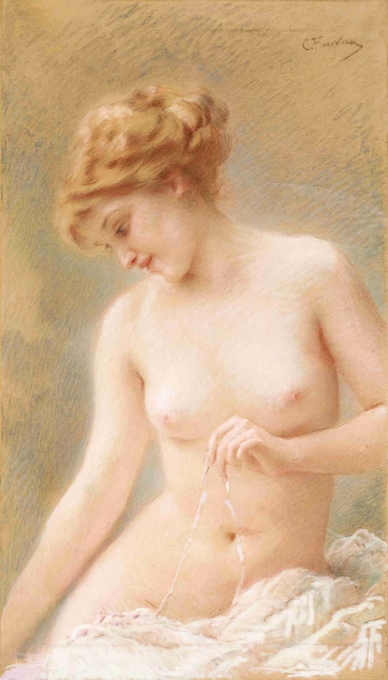 Sitting Nude,Konstantin Egorovich Makovsky,Oil Painting,Oil Painting, 1girl, solo, nipples, breasts