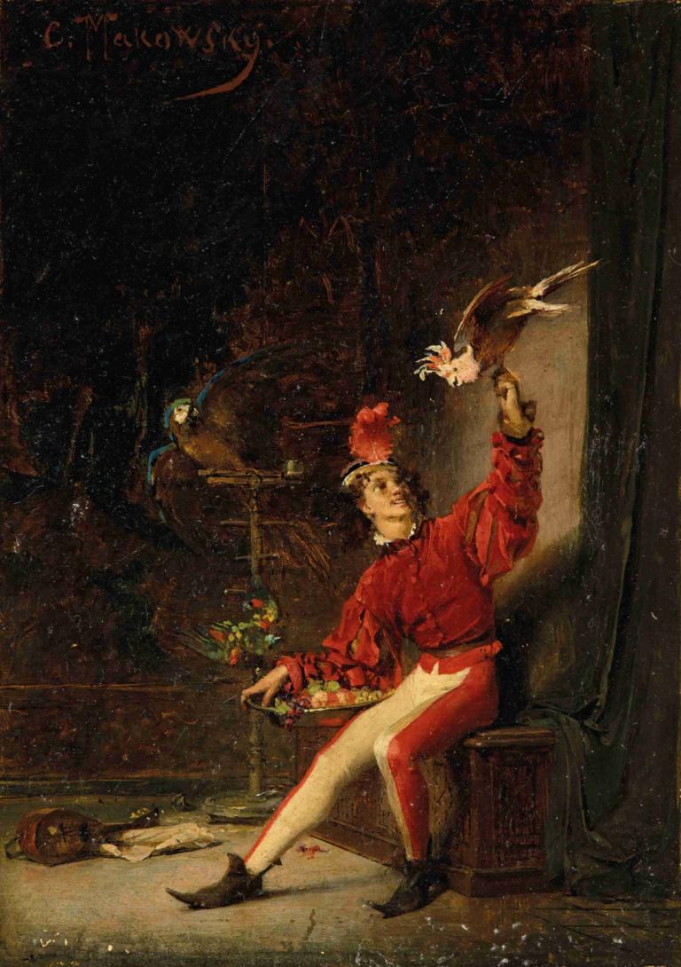 Young man with parrot,Pria muda dengan burung beo,Konstantin Egorovich Makovsky,Lukisan cat minyak