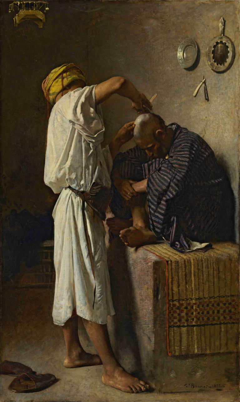 An oriental barbershop,Orientalski frizerski salon,Léon Bonnat,Oljna slika,Oljna slika, bosi, blond lasje