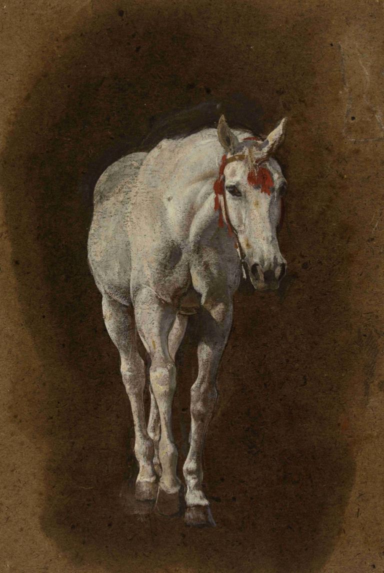 Cheval,Léon Bonnat,Oil Painting,Oil Painting, no humans, horse, brown background, animal, fine art parody