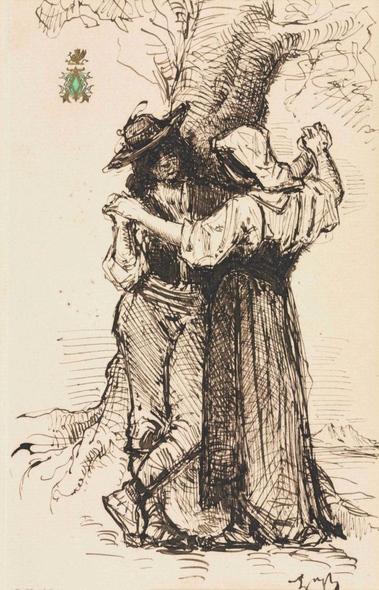 Couple Courting by a Tree,Léon Bonnat,Copperplate Etching,Copperplate Etching, hat, tree, monochrome