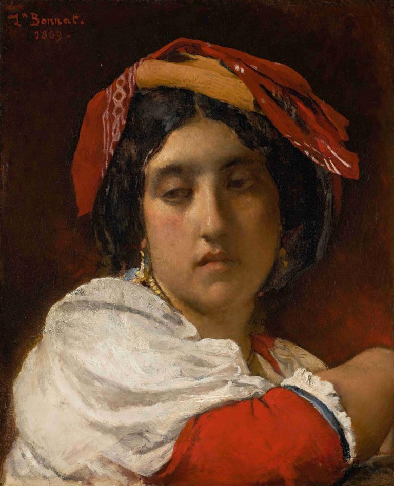 L'italienne,Italijanski,Léon Bonnat,Oljna slika,Oljna slika, 1 dekle, solo, nakit, realističen, Črni lasje