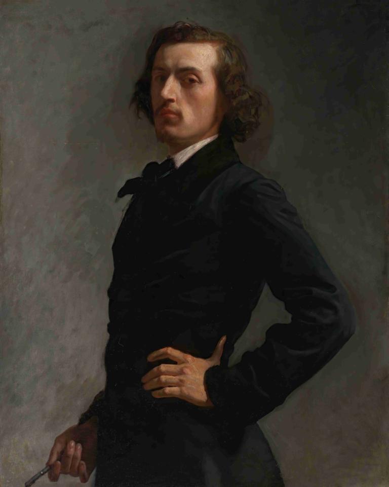 Portrait Of Monsieur Allard,Léon Bonnat,Oil Painting,Oil Painting, solo, holding, hand on hip, brown hair