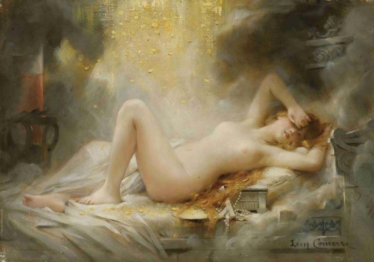 Danae,Léon François Comerre,Pittura ad olio,Pittura ad olio, 1 ragazza, Parodia delle belle arti, nudo