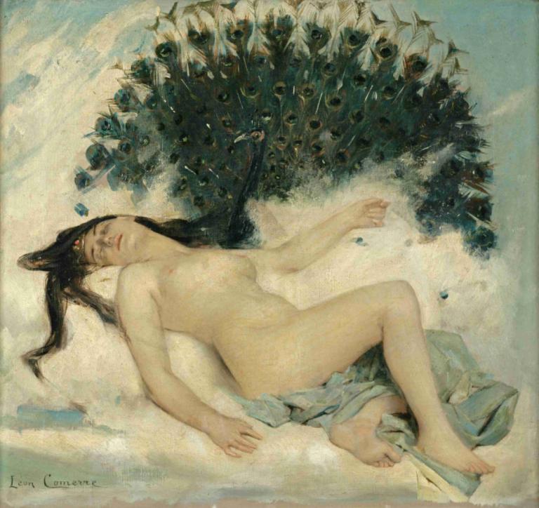 Sleeping Woman with a Peacock,공작새와 잠자는 여자,Léon François Comerre,레옹 프랑수아 코메르,오일 페인팅,오일 페인팅, 여자 1명, 독주, 나체상