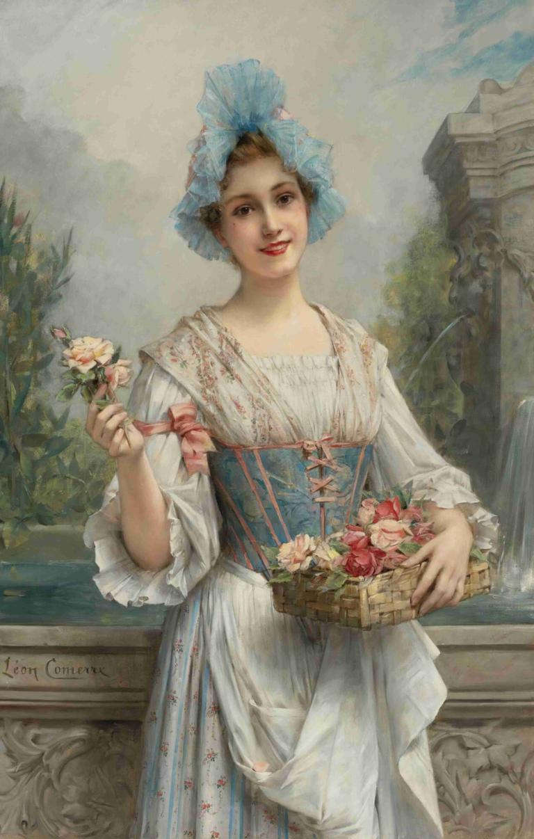 The flower seller,꽃 판매자,Léon François Comerre,레옹 프랑수아 코메르,오일 페인팅,오일 페인팅, 여자 1명, 꽃, 독주, 드레스, 보유, 꽃을 들고, 옥외