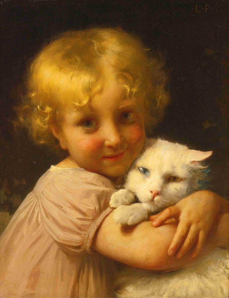 Best Friends,En İyi Arkadaşlar,Léon-Jean-Basile Perrault,Yağlı boya,Yağlı boya, sarı saç, kedi, 1kız