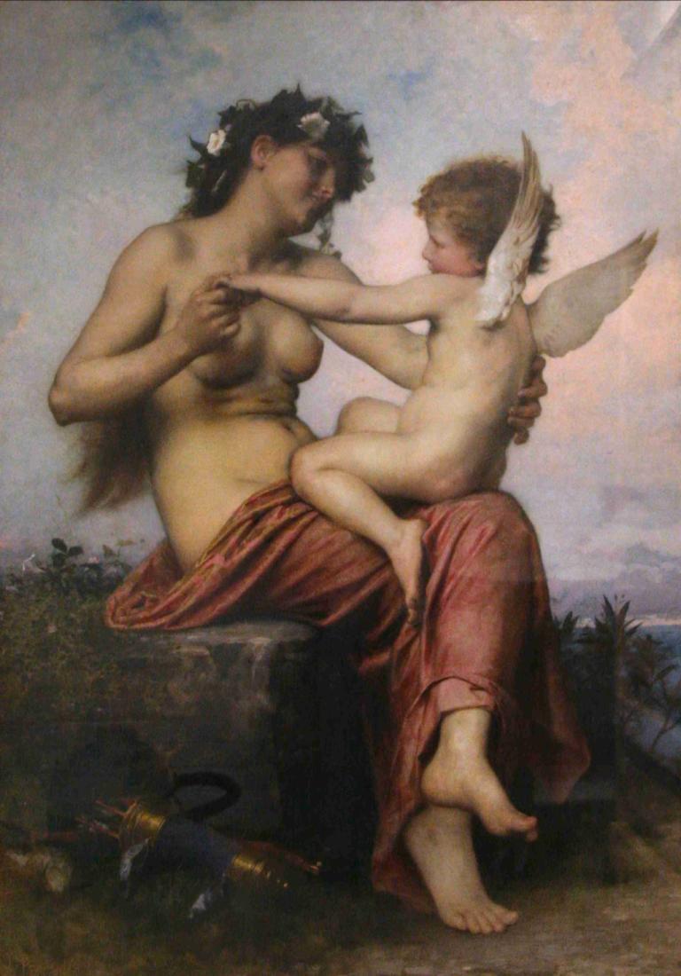 Cupid Captured,Léon-Jean-Basile Perrault,Oil Painting,Oil Painting, fine art parody, 1girl, wings, breasts