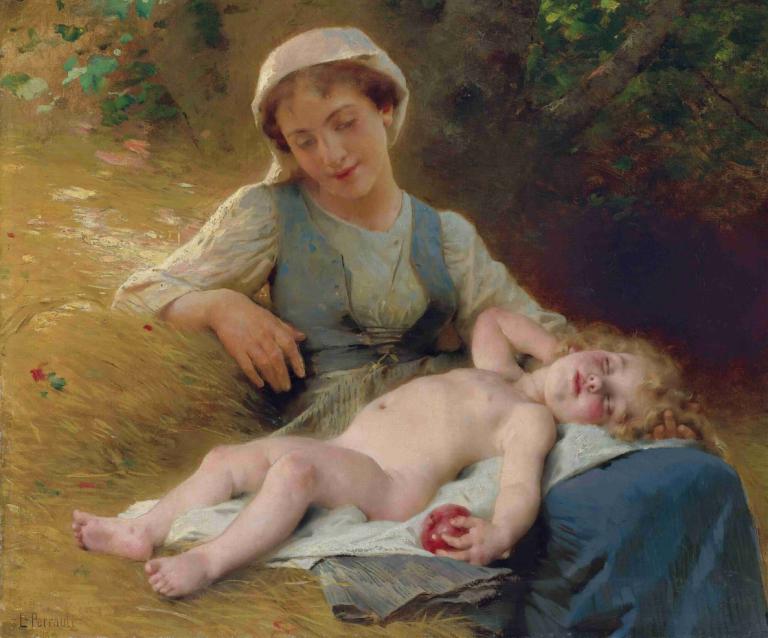 Fast Asleep,Dormir rápido,Léon-Jean-Basile Perrault,Pintura al óleo,Pintura al óleo, parodia de bellas artes