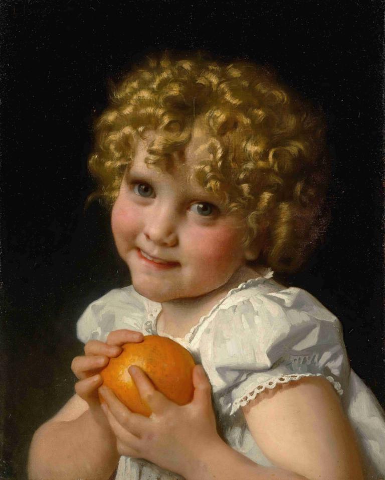 Fillette À L'orange,Léon-Jean-Basile Perrault,Öljymaalaus,Öljymaalaus, 1 tyttö, yksin, hedelmää, ruokaa