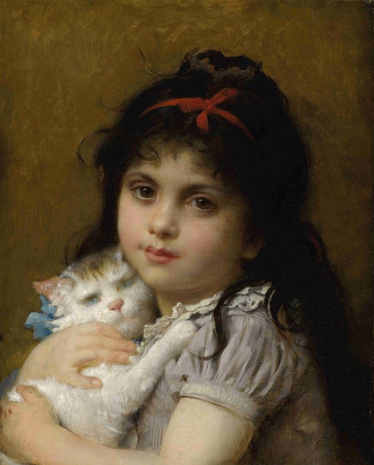 Girl With A Kitten,子猫を連れた女の子,Léon-Jean-Basile Perrault,レオン＝ジャン＝バジル・ペロー,油絵,油絵, 1女の子, 猫, 現実的な, 偽の伝統的なメディア, 黒髪