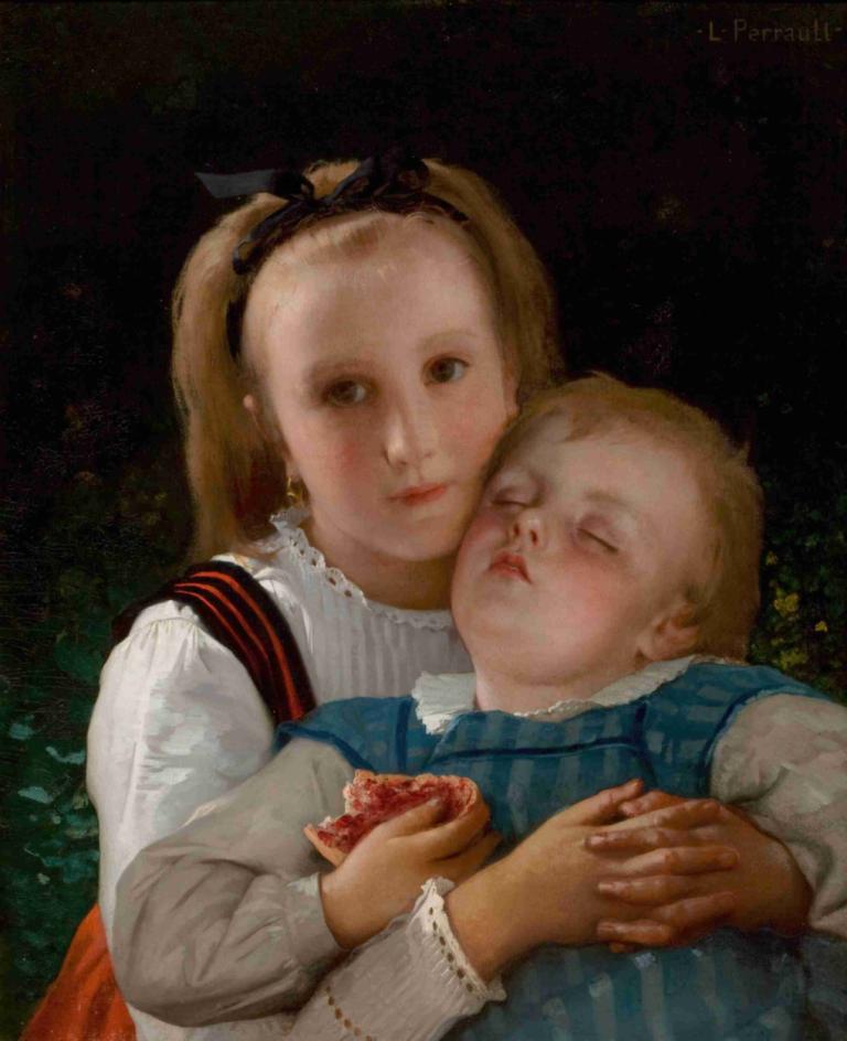 L' amour Fraternel,Léon-Jean-Basile Perrault,Oil Painting,Oil Painting, fine art parody, 1girl, blonde hair