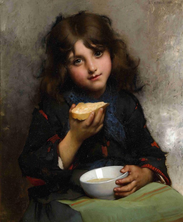 Le Goûter ,ル・グーター,Léon-Jean-Basile Perrault,レオン＝ジャン＝バジル・ペロー,油絵,油絵, 1女の子, ソロ, 茶髪, 現実的な, 丼鉢, 美術パロディ, 視聴者を見ている