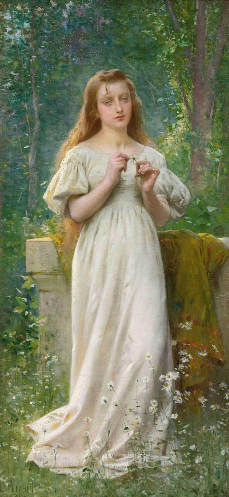 Meditation,Léon-Jean-Basile Perrault,Oil Painting,Oil Painting, 1girl, dress, long hair, white dress, solo