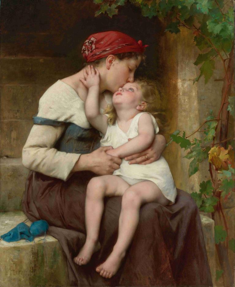 Mother With Child,母と子,Léon-Jean-Basile Perrault,レオン＝ジャン＝バジル・ペロー,油絵,油絵, ブロンドの髪, キス, 美術パロディ, 裸足, 男の子1名, 座っている