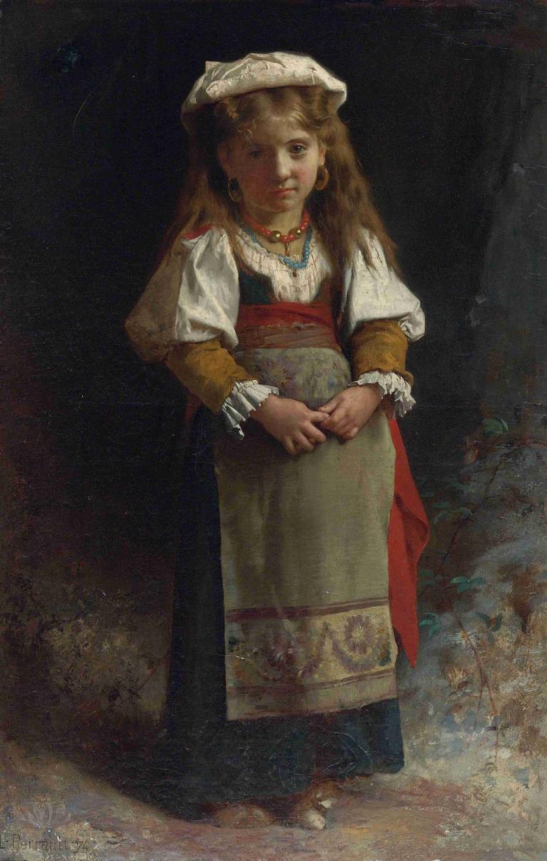 Portrait Of A Young Girl,Portret van een jong meisje,Léon-Jean-Basile Perrault,Olieverf,Olieverf, solo