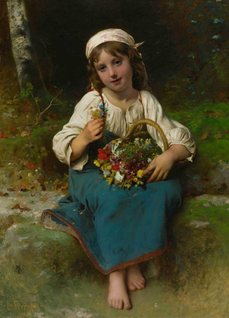 Young girl with a basket of flowers,花かごを持つ少女,Léon-Jean-Basile Perrault,レオン＝ジャン＝バジル・ペロー,油絵,油絵, 1女の子, 美術パロディ