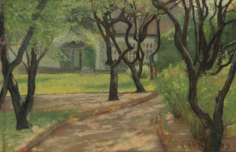 A winding path,L.A. Ring,Oil Painting,Oil Painting, no humans, tree, scenery, outdoors, grass, house