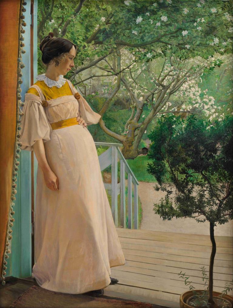 At The French Windows. The Artist's Wife,L.A. Ring,Oil Painting,Oil Painting, 1girl, tree, solo, dress