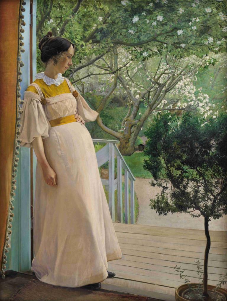 At the French Windows. The Artist's Wife,L.A. Ring,Oil Painting,Oil Painting, 1girl, tree, black hair, dress