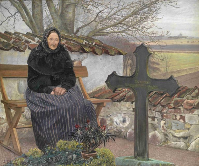 Churchyard at Fløng,L.A. Ring,Oil Painting,Oil Painting, tree, sitting, solo, chair, old, traditional media