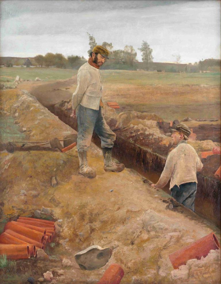 Drain Diggers,L.A. Ring,Oil Painting,Oil Painting, multiple boys, 2boys, outdoors, beard, facial hair, tree