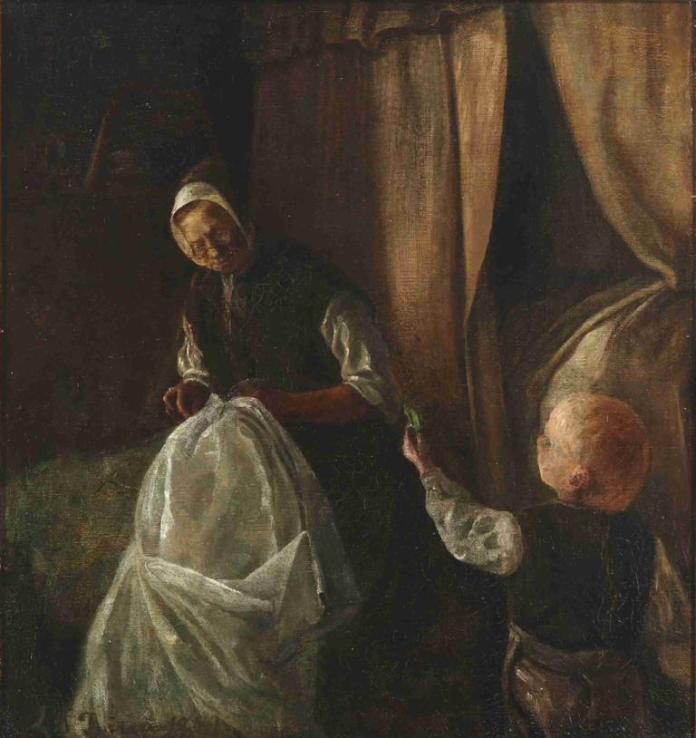 En dreng rækker sin bedstemor en grøn ært,L.A. Ring,Oil Painting,Oil Painting, bald, dark, curtains, 1girl