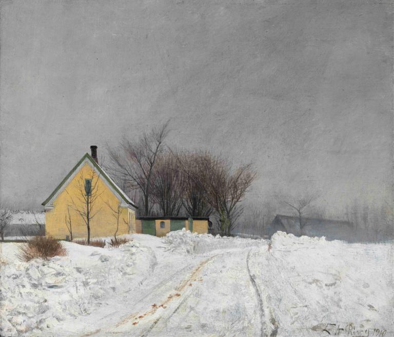 Foggy Winter Day. To the Left a Yellow House. Deep Snow.,Journée d'hiver brumeuse. À gauche