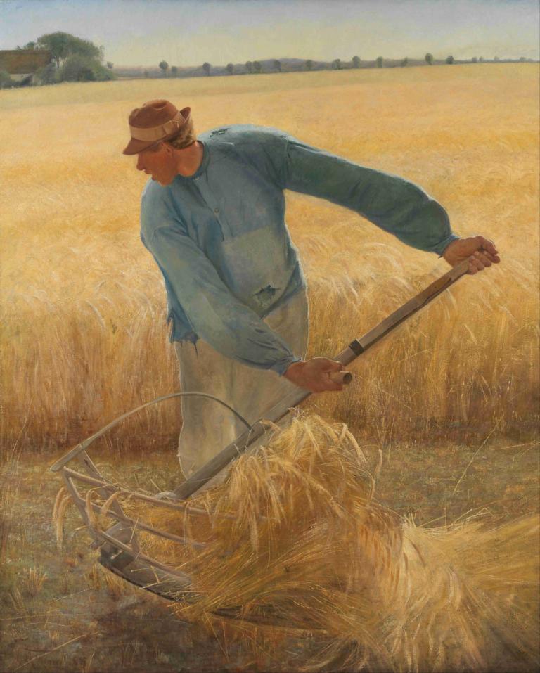 Harvest,L.A. Ring,Oil Painting,Oil Painting, hat, outdoors, 1boy, male focus, solo, holding, field, pants