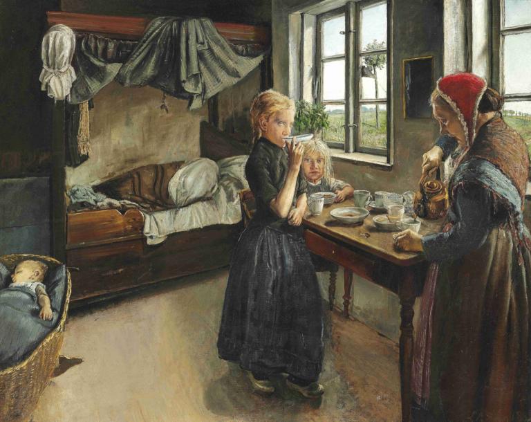 Interiør fra Landsbyen Ring,L.A. Ring,Oil Painting,Oil Painting, blonde hair, window, multiple boys, bed