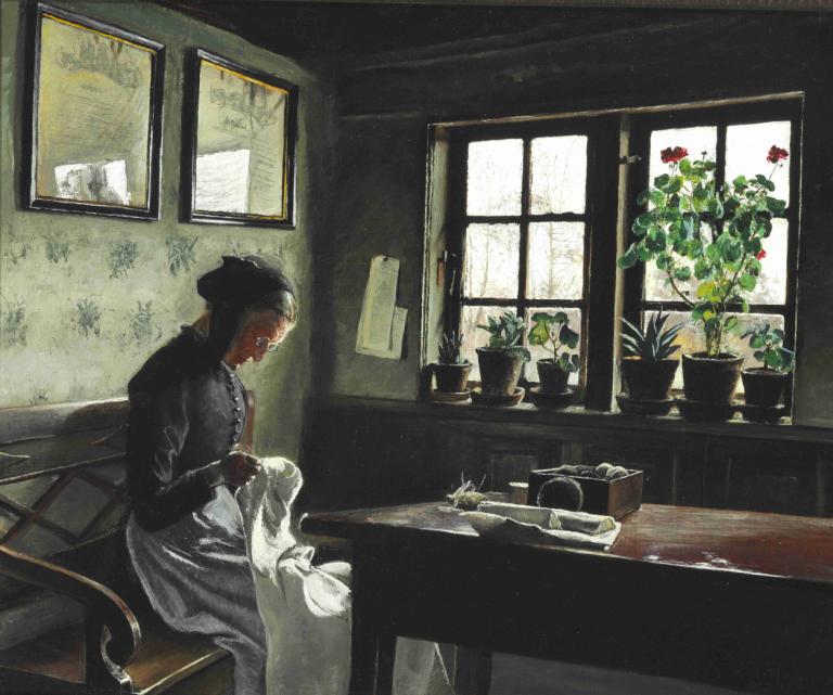 Interiør med syende kone,L.A. Ring,Oil Painting,Oil Painting, window, solo, plant, indoors, table, 1girl