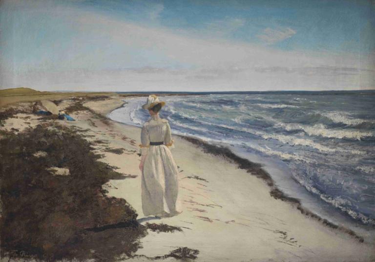 Lady at Karrebæksminde Beach, Zealand,L.A. Ring,Oil Painting,Oil Painting, outdoors, 1girl, beach, solo