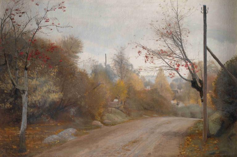 The Road at Mogenstrup, Zealand. Autumn,ニュージーランド、モーゲンストラップの道。秋,L.A. Ring,L.A.リング,油絵,油絵, 人間がいない, 屋外, 景色, 木, 道