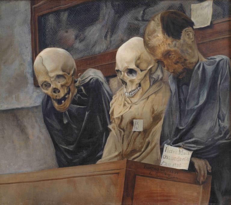 Three Skulls from Convento dei Cappucini at Palermo,L.A. Ring,Oil Painting,Oil Painting, horror (theme)