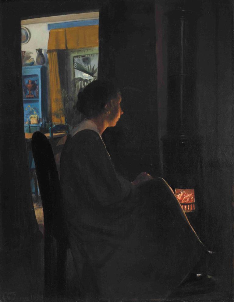 Twilight. The Artist's Wife,L.A. Ring,Oil Painting,Oil Painting, solo, black hair, sitting, 1boy, male focus